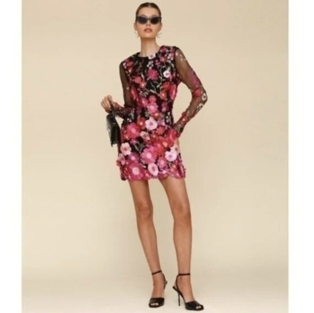 Floral Mesh Sleeve Mini Dress With Gorgeous Attached Flowers